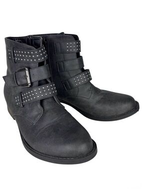 Diba Womens Black Studded Triple Buckle Moto Ankle Boots Size 7.5M Round Toe